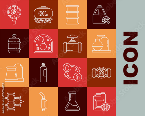 Set line Antifreeze canister, Industry metallic pipes and valve, Oil gas industrial factory building, Barrel oil, Motor gauge, Propane tank,  and  icon. Vector