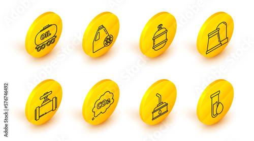 Set line Oil petrol test tube, CO2 emissions cloud, Industry metallic pipes and valve, gas industrial factory building, Propane tank, Antifreeze canister and railway cistern icon. Vector