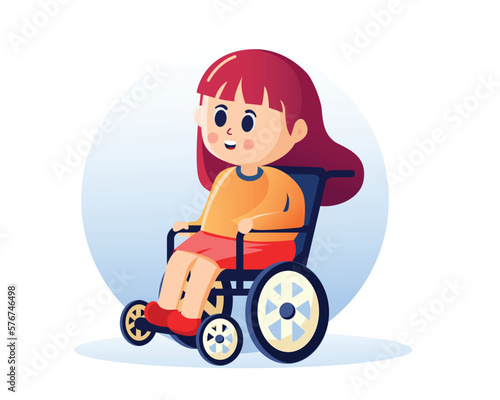 A cute disabled girl sits in a wheelchair, Flat design