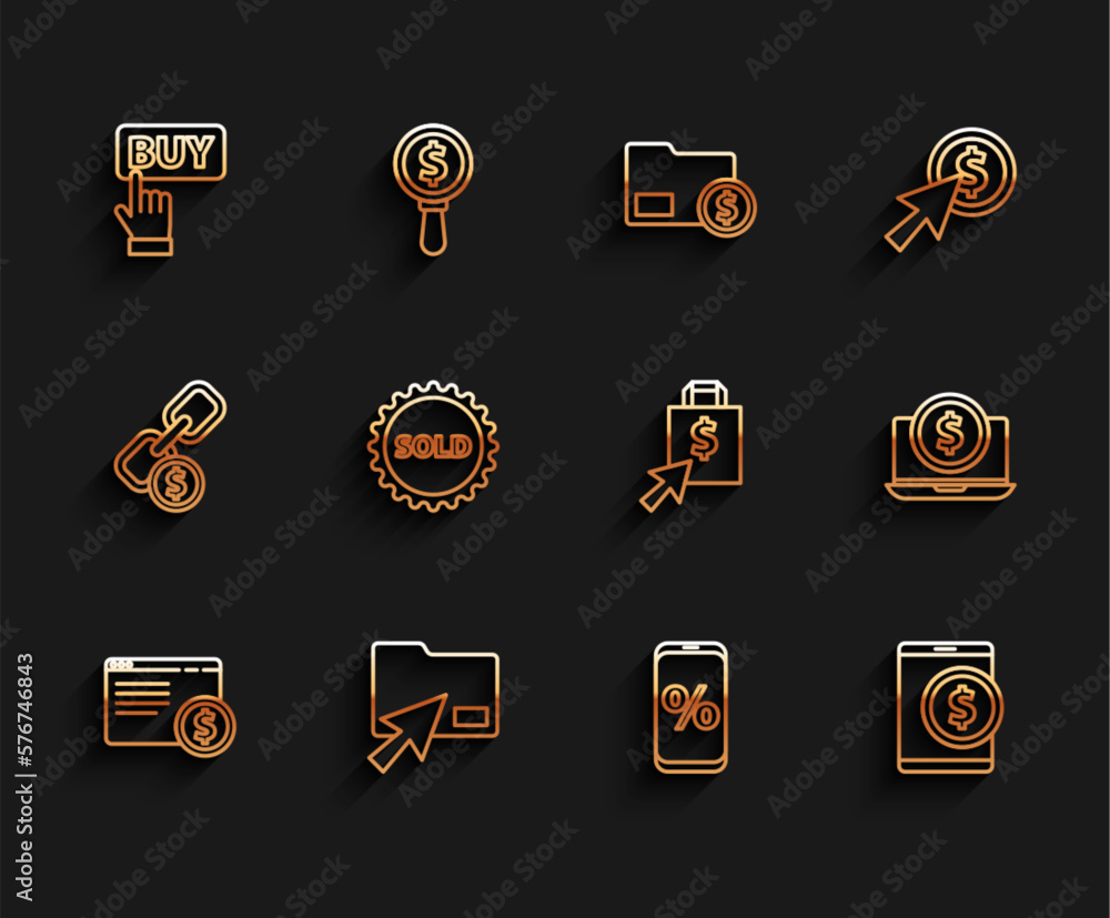 Set line Online shopping on screen, Cursor click document folder, Buy button, Percent discount and mobile, Tablet with dollar, Sold label, Laptop and Shoping bag icon. Vector Set line Online shopping on screen, Cursor click document folder, Buy button, Percent discount and mobile, Tablet with dollar, Sold label, Laptop and Shoping bag icon. Vector