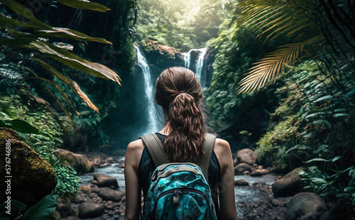 woman in front of a waterfall in a tropical forest, adventure, fictional place. Generative AI