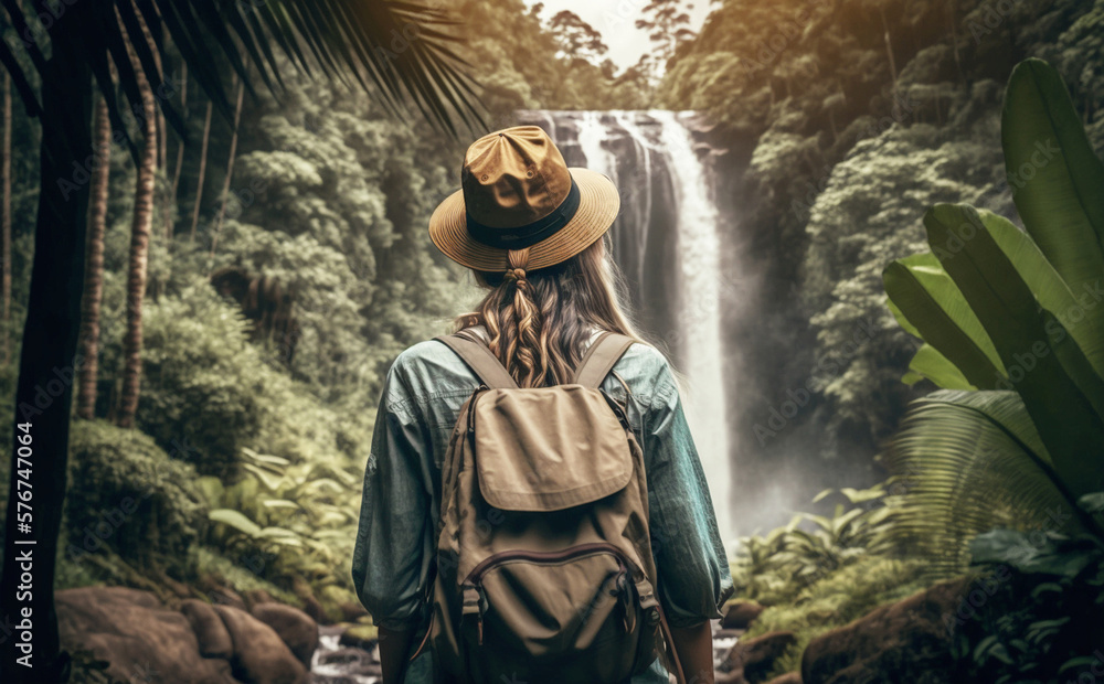woman in front of a waterfall in a tropical forest, adventure, fictional place. Generative AI