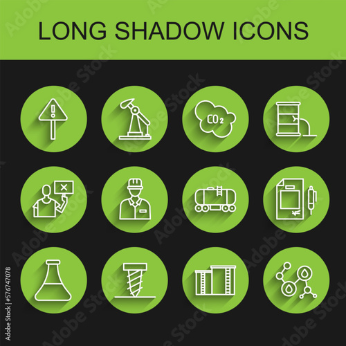 Set line Oil petrol test tube, Rotating drill digging a hole, Exclamation mark triangle, industrial factory building, Molecule oil, Oilman, Contract money and pen and railway cistern icon. Vector