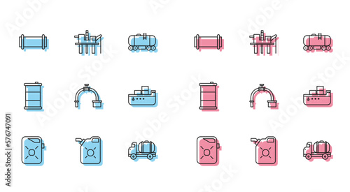 Set line Canister for motor oil, Industry pipe, Tanker truck, and valve, Oil tanker ship, Barrel and platform in the sea icon. Vector