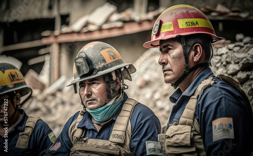 exhausted firefighters after an earthquake or similar tragedy  fictitious place and people. Generative AI