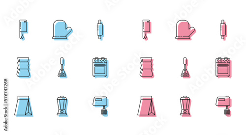Set line Bag of coffee beans, Blender, Meat chopper, Electric mixer, Spatula, Oven, Coffee turk and glove icon. Vector