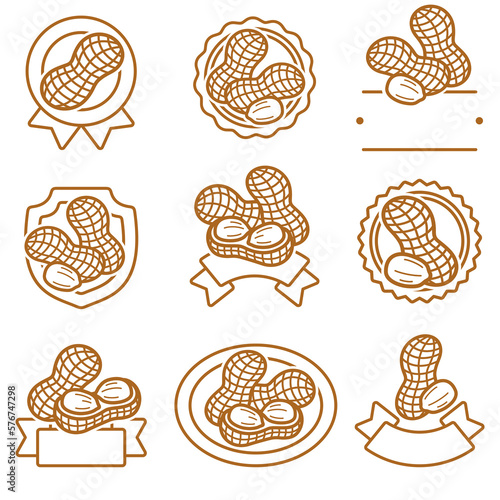 Peanuts label and icons set. Collection peanuts nuts icons. Vector