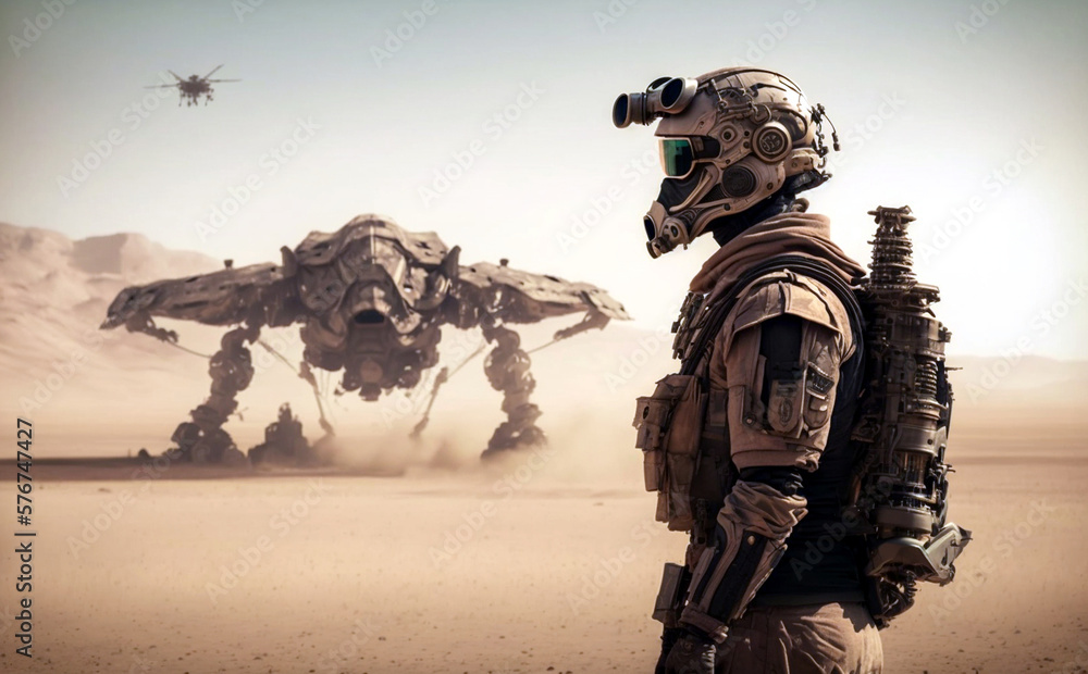 a soldier in fictional combat gear and soldier uniform, weapon and desert paint uniform. Generative AI a soldier in fictional combat gear and soldier uniform, weapon and desert paint uniform. Generative AI