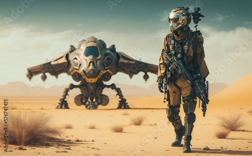a soldier in fictional combat gear and soldier uniform, weapon and desert paint uniform. Generative AI