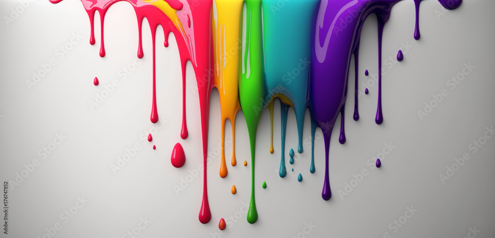 Naklejka premium Abstract 3d design background of multicolored paint flowing down a white wall. Dripping colorful liquid. Digital art. created with ai