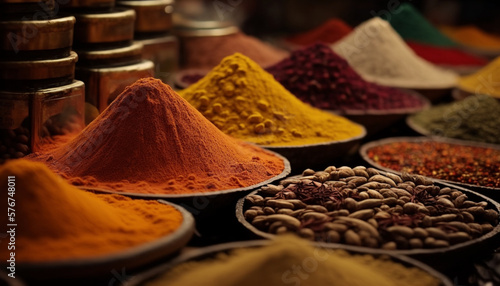 Culinary Traditions: Assorted Spices in a Vibrant Market Bazaar , generated by IA  photo