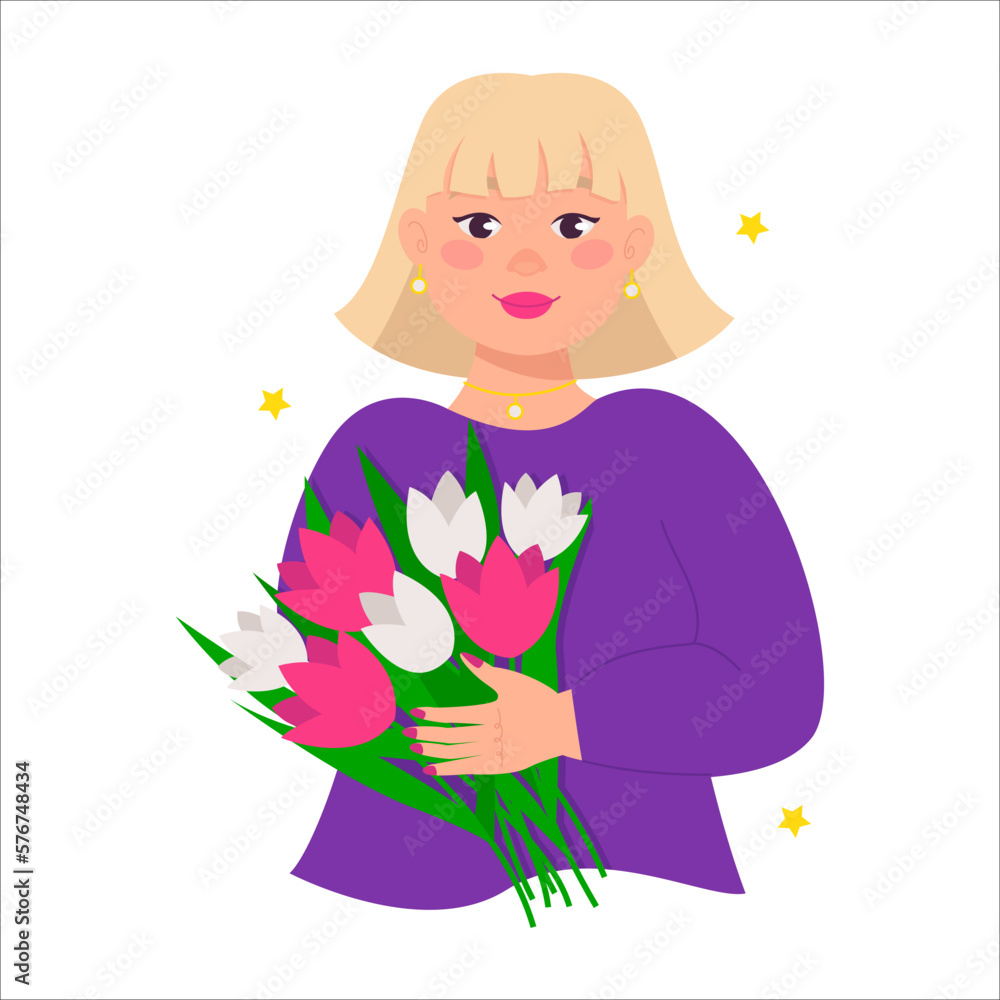 Beautiful buxom woman holds a bouquet of flowers in her hands. Blonde with bob hairstyle. Vector graphic. Beautiful buxom woman holds a bouquet of flowers in her hands. Blonde with bob hairstyle. Vector graphic.
