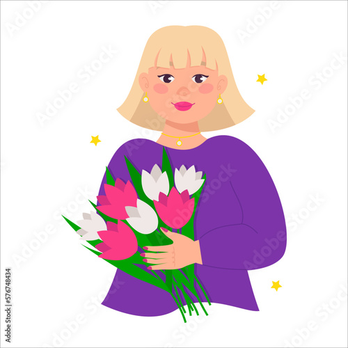 Obraz na plátně Beautiful buxom woman holds a bouquet of flowers in her hands