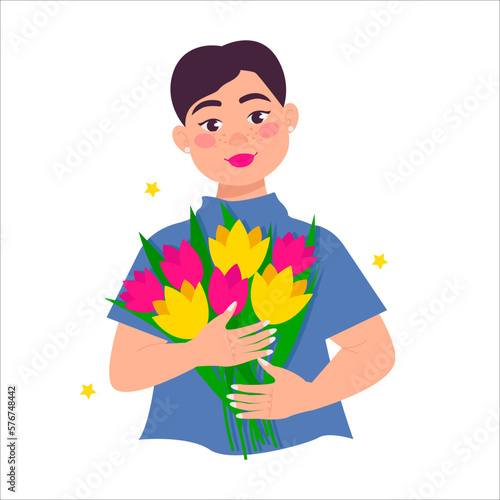 Obraz na plátně Beautiful buxom woman holds a bouquet of flowers in her hands