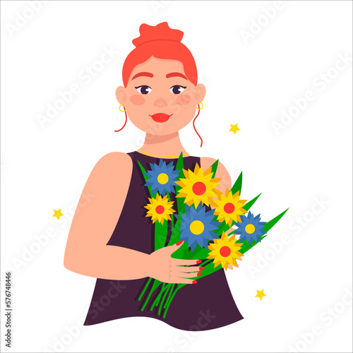 Obraz na plátně Beautiful buxom woman holds a bouquet of flowers in her hands