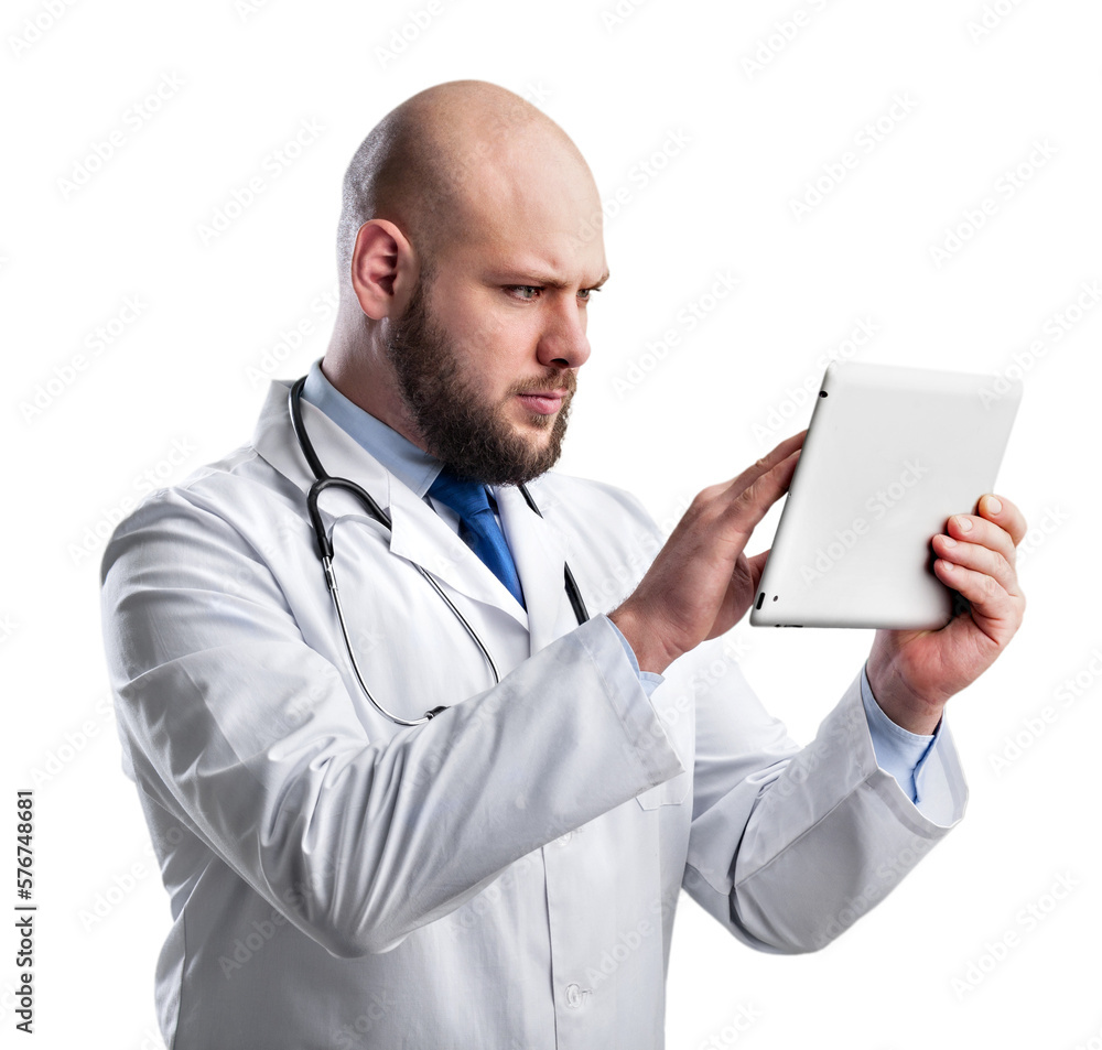 Doctor working with tablet pc isolated on white Doctor working with tablet pc isolated on white