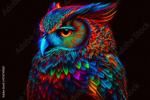 Bright Colorful Neon owl Animal Portraits. Generative Ai
