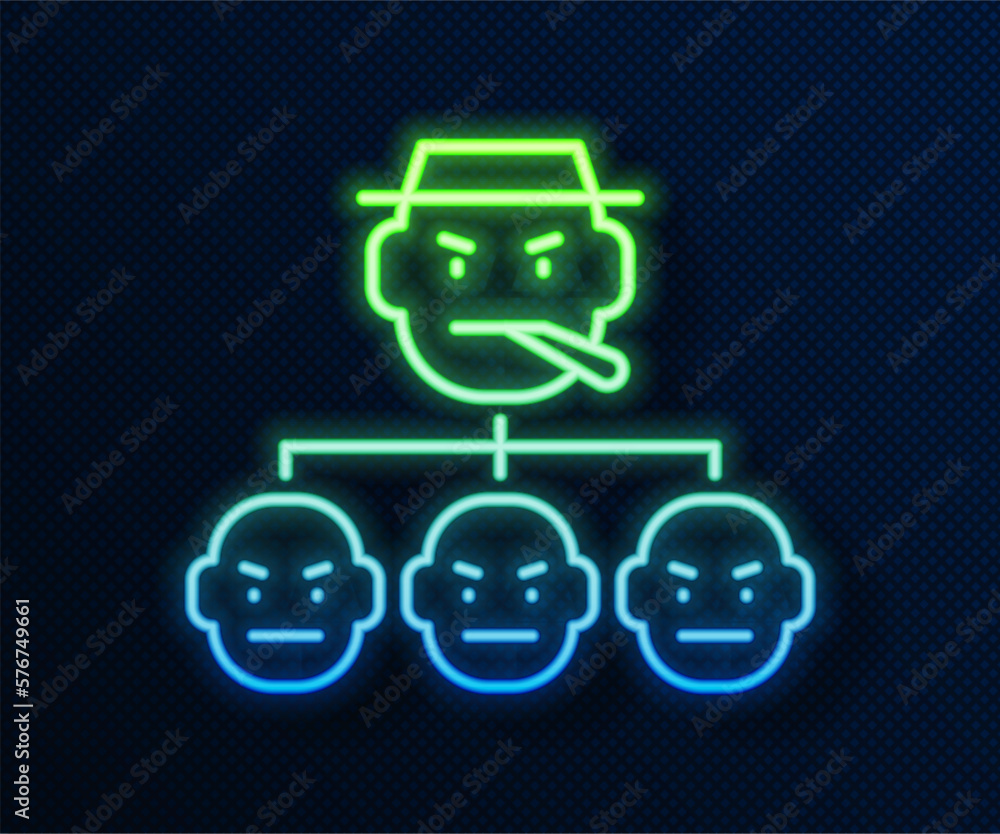 Glowing neon line Mafia icon isolated on blue background. Boss and gangsters. Vector Glowing neon line Mafia icon isolated on blue background. Boss and gangsters. Vector