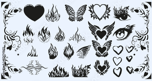 Heart with a flame. Y2k gothic flame tattoo stickers  black and white isolated white background.  Perfect print for tshirt. Vector illustration