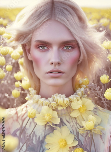 portrait of a young woman  in flower  field  spring summer fashion  Generative AI