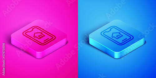 Isometric line Online real estate house on smartphone icon isolated on pink and blue background. Home loan concept, rent, buy, buying a property. Square button. Vector