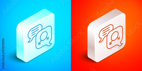 Isometric line Gender equality icon isolated on blue and red background. Equal pay and opportunity business concept. Silver square button. Vector