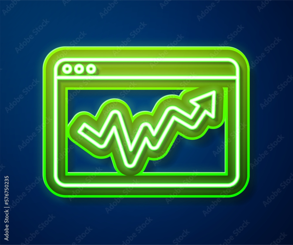 Glowing neon line Graph, schedule, chart, diagram, infographic, pie graph icon isolated on blue background.  Vector