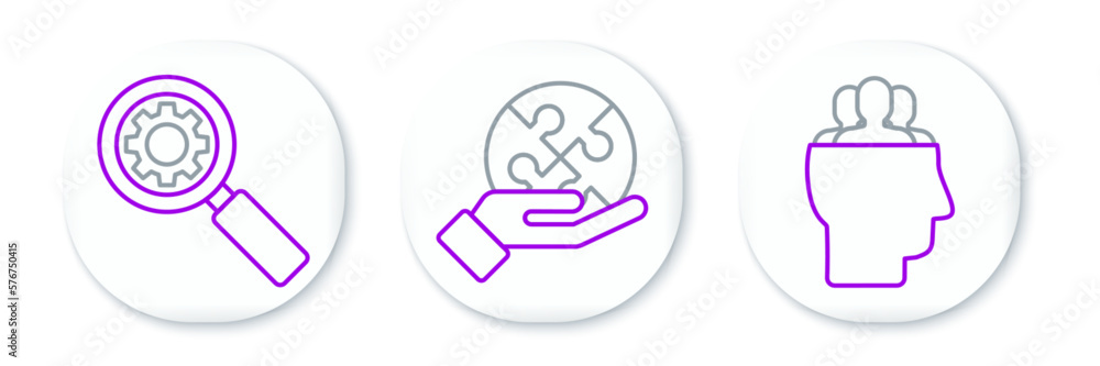 Set line Project team base, Magnifying glass and gear and Piece of puzzle hand icon. Vector Set line Project team base, Magnifying glass and gear and Piece of puzzle hand icon. Vector