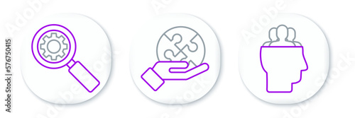 Set line Project team base, Magnifying glass and gear and Piece of puzzle hand icon. Vector