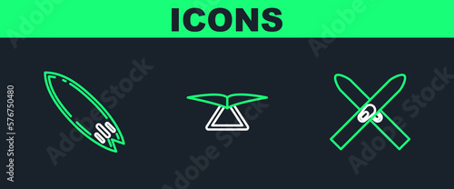 Set line Ski and sticks, Surfboard and Hang glider icon. Vector