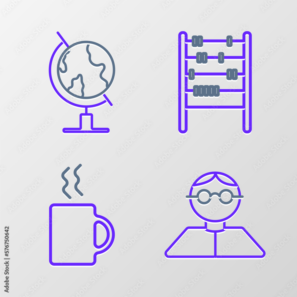 Set line Student, Coffee cup, Abacus and Earth globe icon. Vector Set line Student, Coffee cup, Abacus and Earth globe icon. Vector