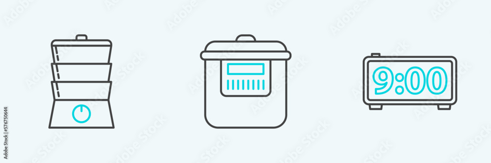 Set line Digital alarm clock, Double boiler and Slow cooker icon. Vector Set line Digital alarm clock, Double boiler and Slow cooker icon. Vector