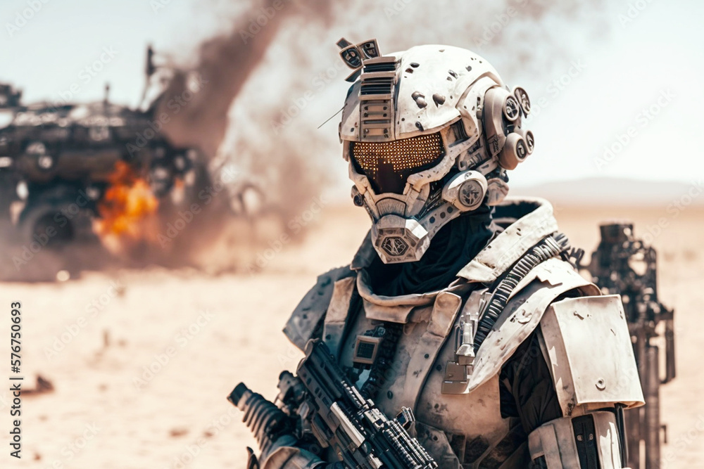 a soldier in battle armor or humanoid android with artificial intelligence, combat suit in war, fictional tank or vehicle in background, fictional location. Generative AI a soldier in battle armor or humanoid android with artificial intelligence, combat suit in war, fictional tank or vehicle in background, fictional location. Generative AI