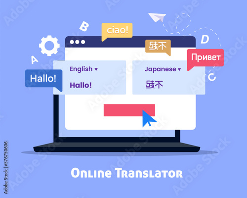 Online translator, translating from English into Japanese for foreign language learning, online service, communication concept.