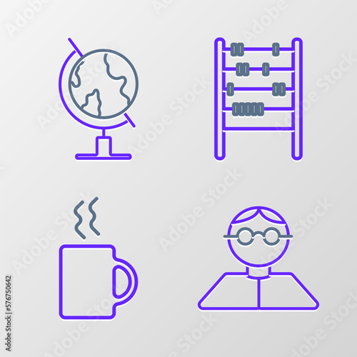 Set line Student, Coffee cup, Abacus and Earth globe icon. Vector