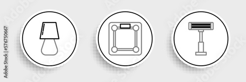 Set line Electric heater, Table lamp and Bathroom scales icon. Vector