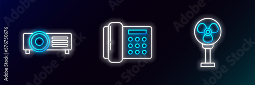 Set line Electric fan, and Telephone icon. Glowing neon. Vector