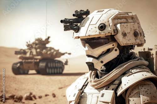 a soldier in battle armor or humanoid android with artificial intelligence, combat suit in war, fictional tank or vehicle in background, fictional location. Generative AI