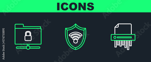 Set line Paper shredder confidential, FTP folder and lock and Shield with WiFi wireless internet network icon. Vector
