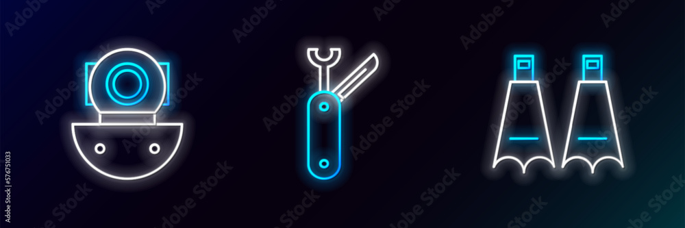 Set line Rubber flippers for swimming, Aqualung and Swiss army knife icon. Glowing neon. Vector Set line Rubber flippers for swimming, Aqualung and Swiss army knife icon. Glowing neon. Vector