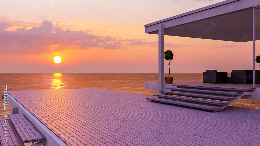 Outdoor seaside wooden balcony deck and beautiful sea view on sunset sky, 3d rendering