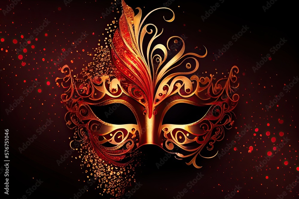 Luxurious Venetian Mask on Red Masquarade Background - Realistic Red Venetian Carnival Poster with Glittering Gold Dust and Light Effects, Generative AI