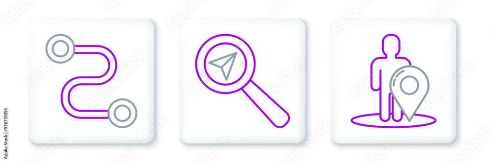 Set line Map marker with a silhouette of a person, Route location and Search icon. Vector
