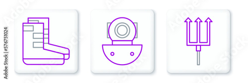 Set line Neptune Trident, Boots and Aqualung icon. Vector