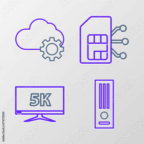 Set line Video game console, Monitor display with 5k video, Sim card and Cloud technology data transfer and storage icon. Vector