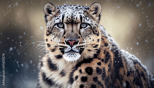 Majestic Snow Leopard: A Wild Big Cat on the Hunt in Wild Nature's Winter Wonderland. Generative AI © AIGen
