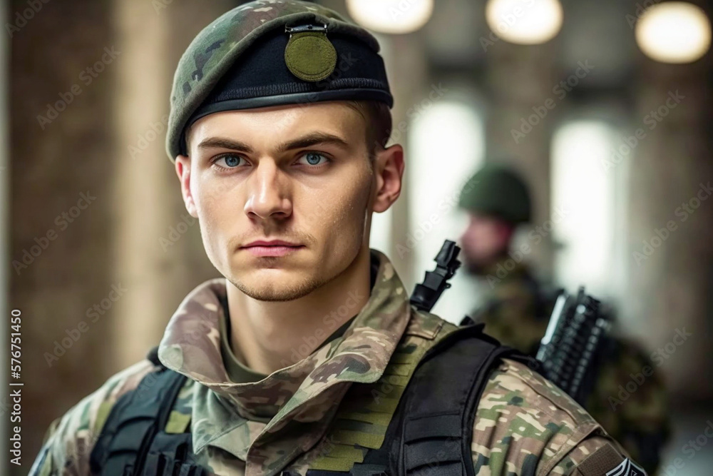 young adult man is soldier in soldier uniform and helmet, fictional army and person and location. Generative AI
