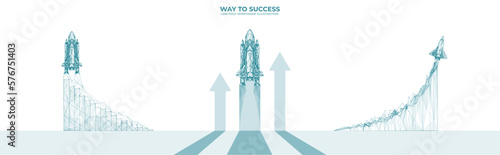 Set of concepts with rocket or space shuttle. Futuristic vector icons. Polygon and line. Technology vector illustration isolated on white background. Rapid growth or business concept.
