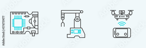 Set line Remote aerial drone, Printed circuit board PCB and Assembly line icon. Vector