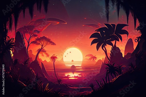 A Journey to an Alien Planet  Stunning Magical Sunset in a Fantasy Jungle  Generative AI